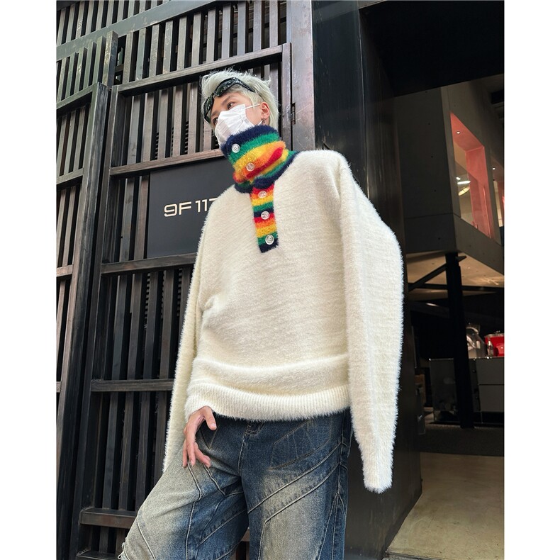 ameuoo散养文化撞色条纹领毛衣男女秋冬季设计感彩虹高领情侣上衣,男装针织衫/毛衣,四季星座505
