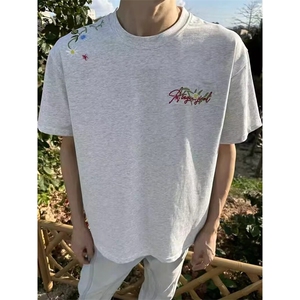 万针全刺绣工艺抖音得物高品质260克重磅纯棉双纱美式高街短袖T恤图片