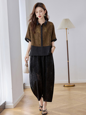 轻奢阔太太气质套装女2025夏装拼色短袖上衣萝卜阔腿裤妈妈两件套，女装套装/套裙，魅衣本色