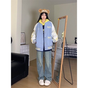 网图现货撞色刺绣棒球服男女春秋季潮三条杠拼接百搭夹克外套图片