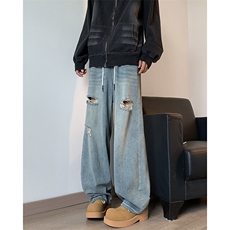 美式街头破洞牛仔裤男春秋直筒宽松欧美高街vibe风长裤N72-P43，男装牛仔裤，星座308B-2