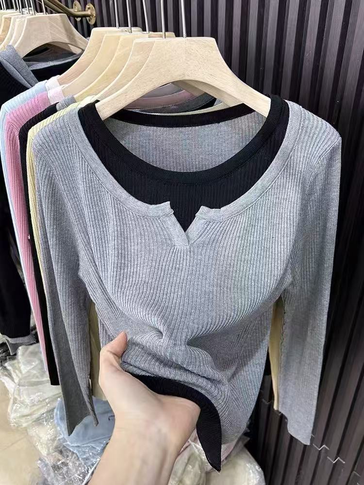 显瘦时尚百搭抽条圆领拼色假两件打底衫女款,女装蕾丝衫/雪纺衫,百纯羊绒