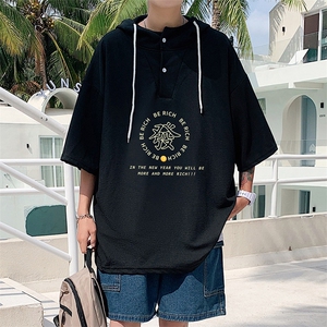 LD54163-P45 连帽短袖t恤男大码胖子带帽五分袖中袖图片