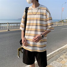 2024夏季新潮ins条纹中性风圆领男宽松透气短袖T恤，男装T恤，电商A161-2
