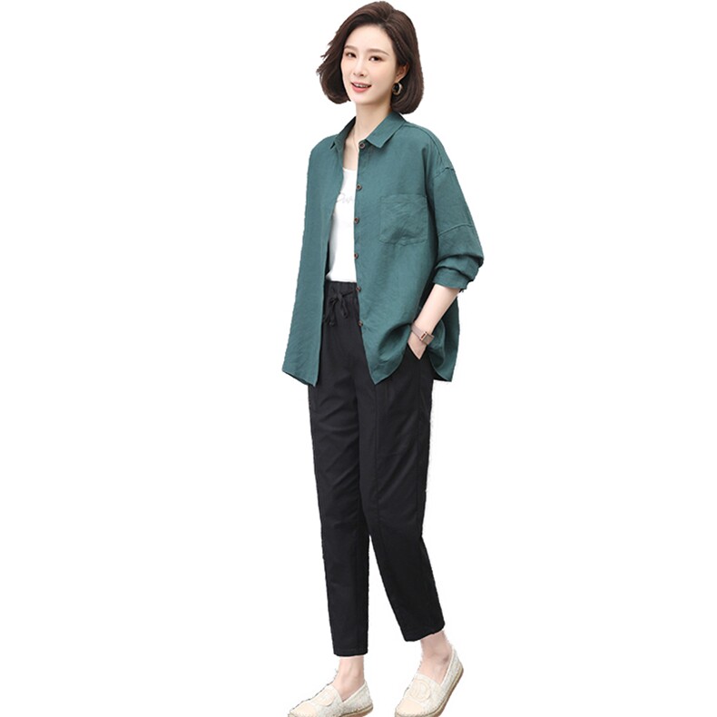 中年妈妈春季休闲亚麻长袖衬衫女2023新款两件套装,女装套装/套裙,忆绮罗