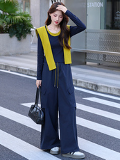 2025年秋季新款时尚潮流舒适显瘦带披肩配色三件套裤，女装套装/套裙，超帛