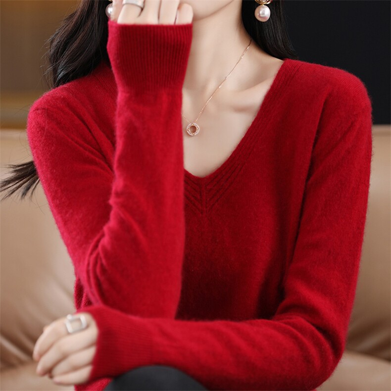 秋季新款舒适时尚百搭小V领针织衫女士简约优雅显瘦长袖毛衣,针织衫/毛衣,思牵羊绒