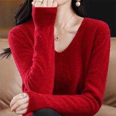 秋季新款舒适时尚百搭小V领针织衫女士简约优雅显瘦长袖毛衣，女装针织衫/毛衣，思牵羊绒