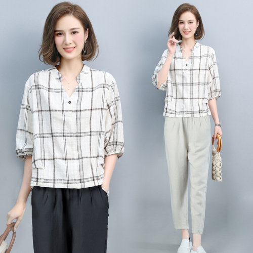 棉麻短袖t恤女夏季薄款2024新款格子衬衣中年妈妈宽松亚麻V领小衫,女装套装/套裙,璐依舞