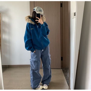 蓝色大毛领拉链卫衣男女秋冬季加绒oversize宽松显瘦保暖上衣潮图片