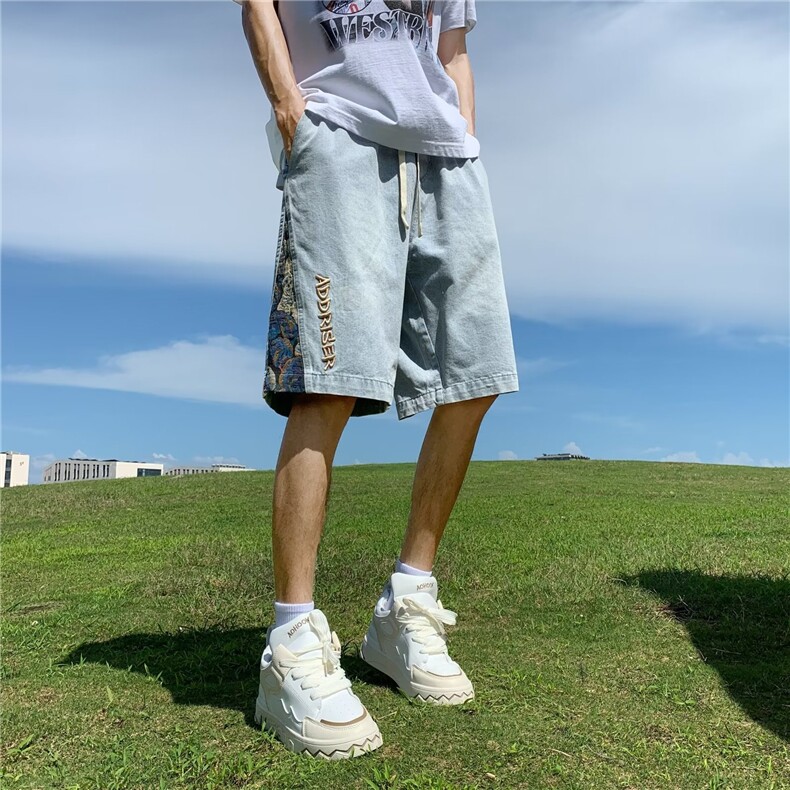 短裤男夏季新款潮牌痞帅拼接刺绣牛仔短裤潮流宽松直筒休闲五分裤,男装牛仔裤,星座1013