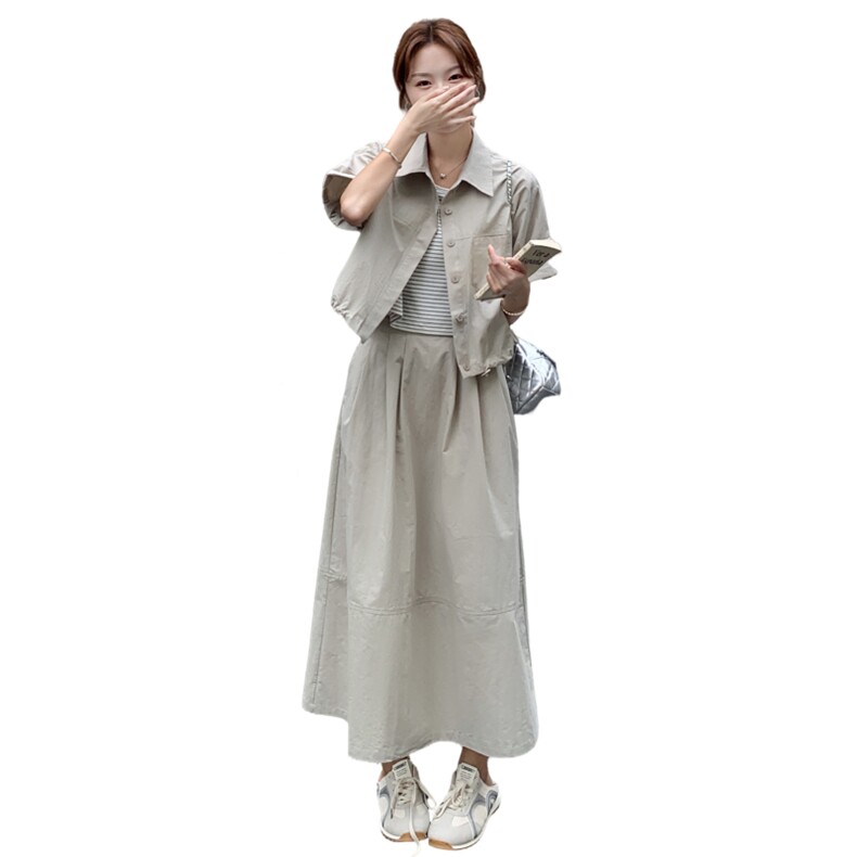 韩系复古休闲套装裙女2025夏季新款简约百搭衬衫高腰半身裙两件套,女装套装/套裙,2C259