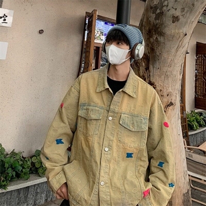 F644P78网红美式街头黄泥水洗做旧复古牛仔衣男女宽松夹克图片