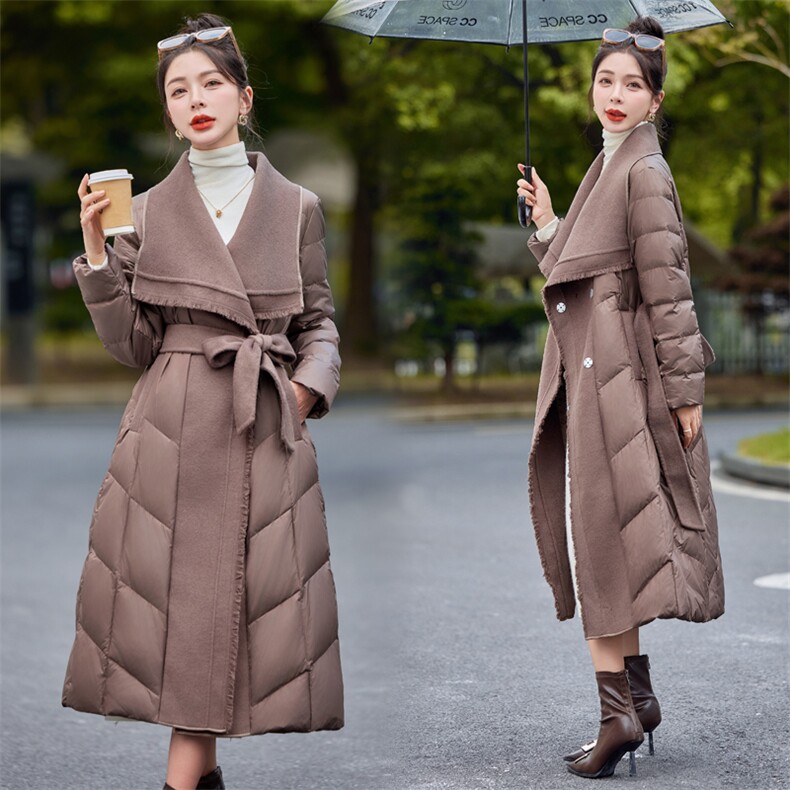 【bao款现货】2024新款冬装气质简约拼接流苏羊绒羽绒服白鸭绒，女装羽绒服，雅静靓衣
