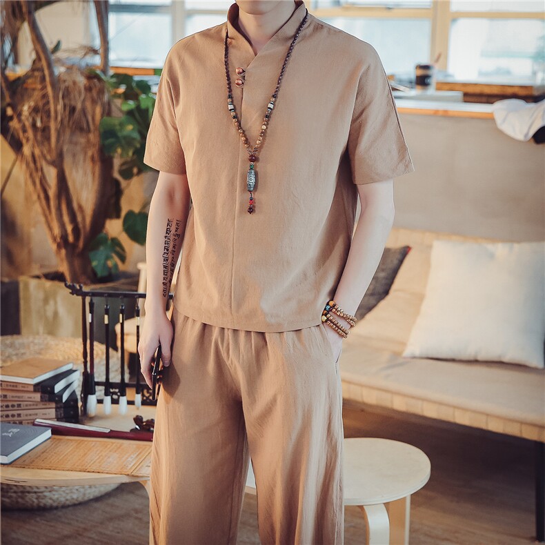 DY10*2021夏季男士棉麻短袖T恤套装阔腿裤两件套装男灰蓝*P55,男装T恤,星座1516（原B303）