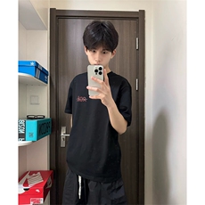 抖音得物210克现货宽松纯棉美式潮牌印花落肩袖纯棉T恤AT21109，男装T恤，电商A443