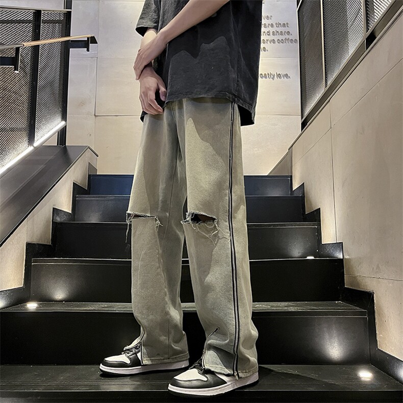 春夏美式ins高街侧边拉链破洞牛仔裤N353M-XXLP60,男装牛仔裤,星座712