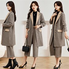时尚格纹毛呢套装女秋冬季新款气质显瘦长袖外套阔腿裤两件套，女装套装/套裙，贵人树