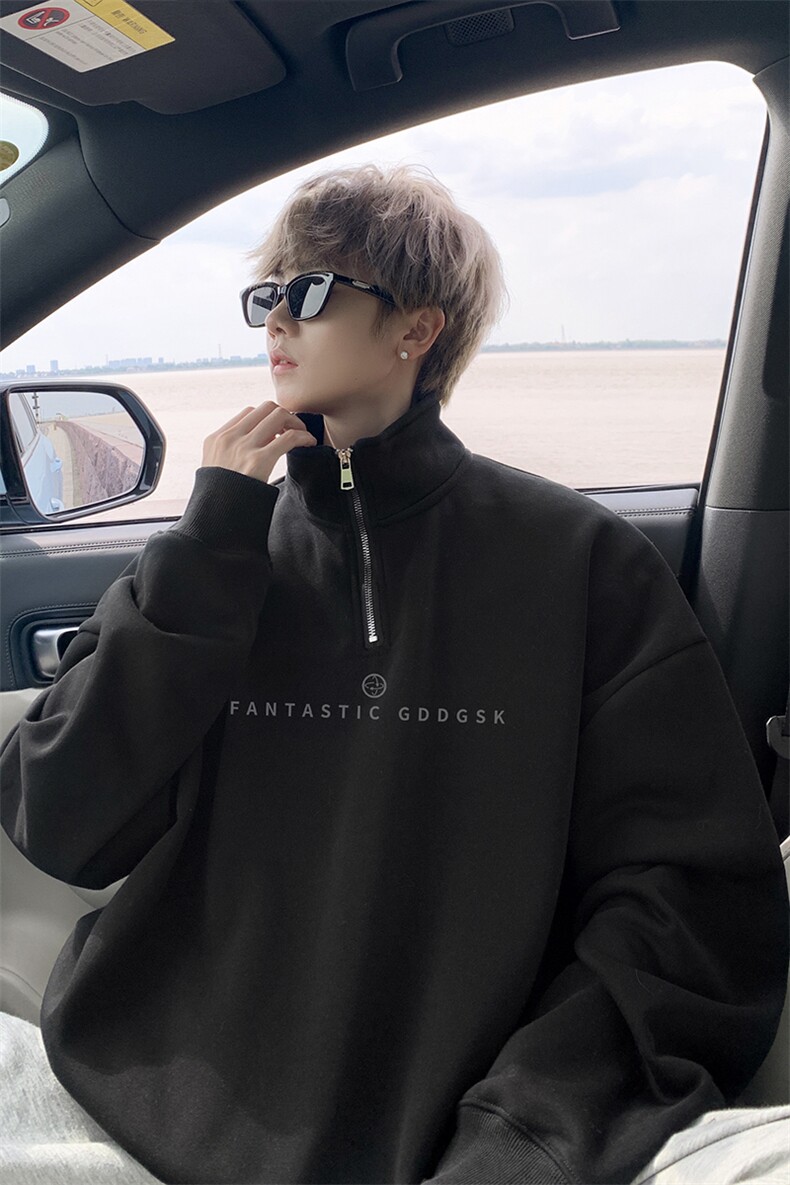 秋新款港风宽松polo领卫衣男潮半拉链长袖T恤PL00167/P45加绒P50,男装T恤,电商B316