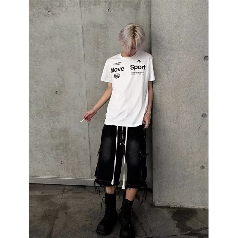 美式小众高街复古工装牛仔短裤男女夏季hiphop痞帅水洗毛边五分裤,男装牛仔裤,星座506A
