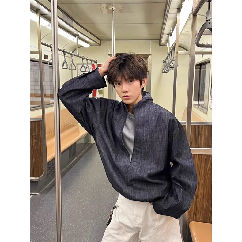 2025春款高级感假两件拼接设计套头衬衣男韩版大V领痞帅卫衣潮流,男装衬衫,星座506A