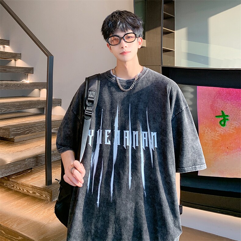 抖音供货、210克现货水洗棉印花宽松版短袖T恤D223A-T22134-P30,男装T恤,电商019-1