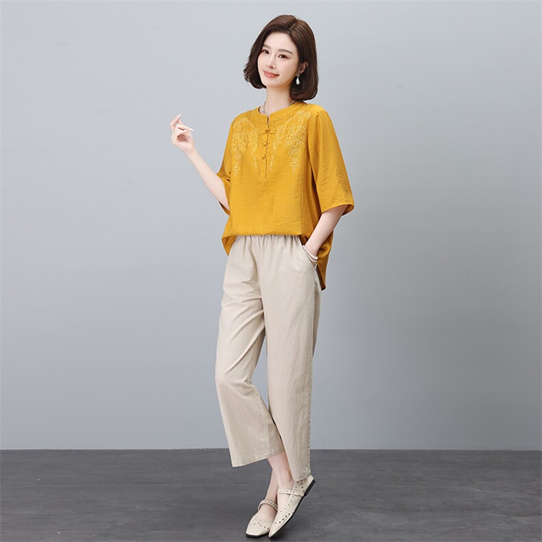 棉麻刺绣衬衫套装女2025夏装新款时尚中年妈妈宽松减龄亚麻两件套,女装套装/套裙,依恋蒂丝