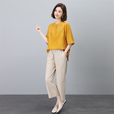 棉麻刺绣衬衫套装女2025夏装新款时尚中年妈妈宽松减龄亚麻两件套，女装套装/套裙，依恋蒂丝