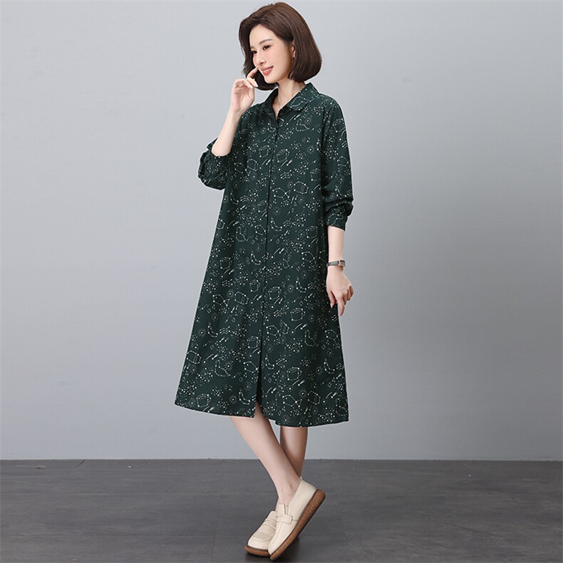 官方旗舰店时尚纯棉连衣裙春秋新款全棉长袖大码宽松衬衫裙子,女装连衣裙,江忆布依