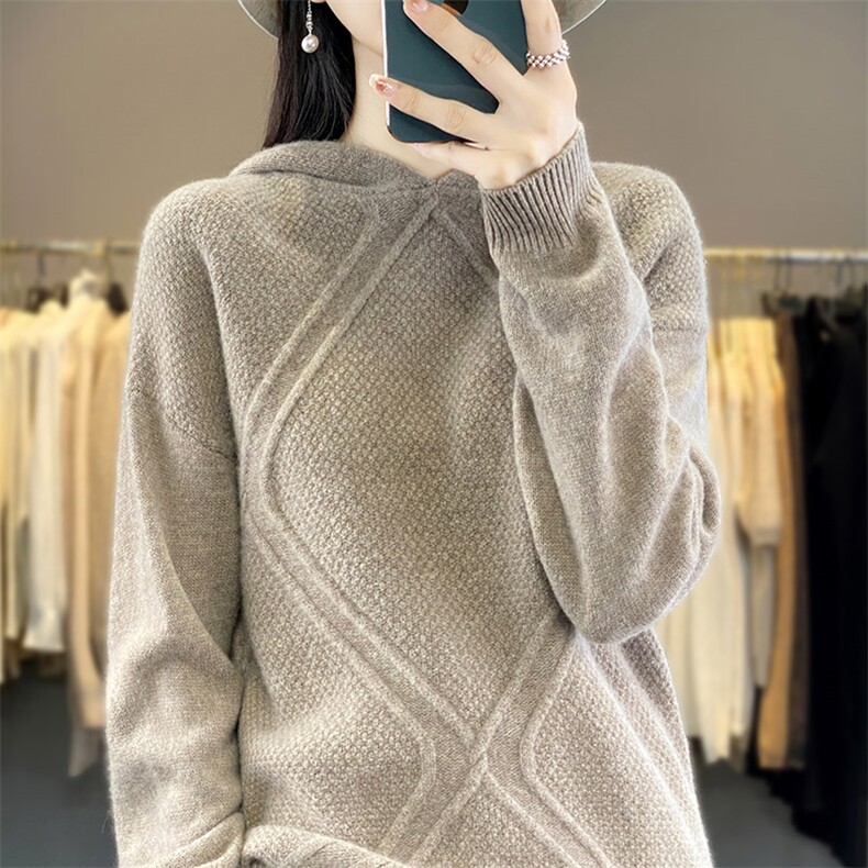 时尚百搭女士羊毛连帽衫修身显瘦大菱形立体花纹毛衣,女装羊毛衫,开创羊绒