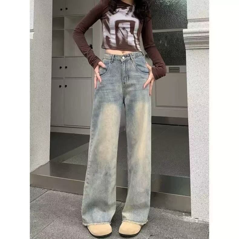 美式慵懒风加绒加厚高腰牛仔裤女秋冬2026年阔腿毛边显瘦直筒裤子,男装牛仔裤,星座506A