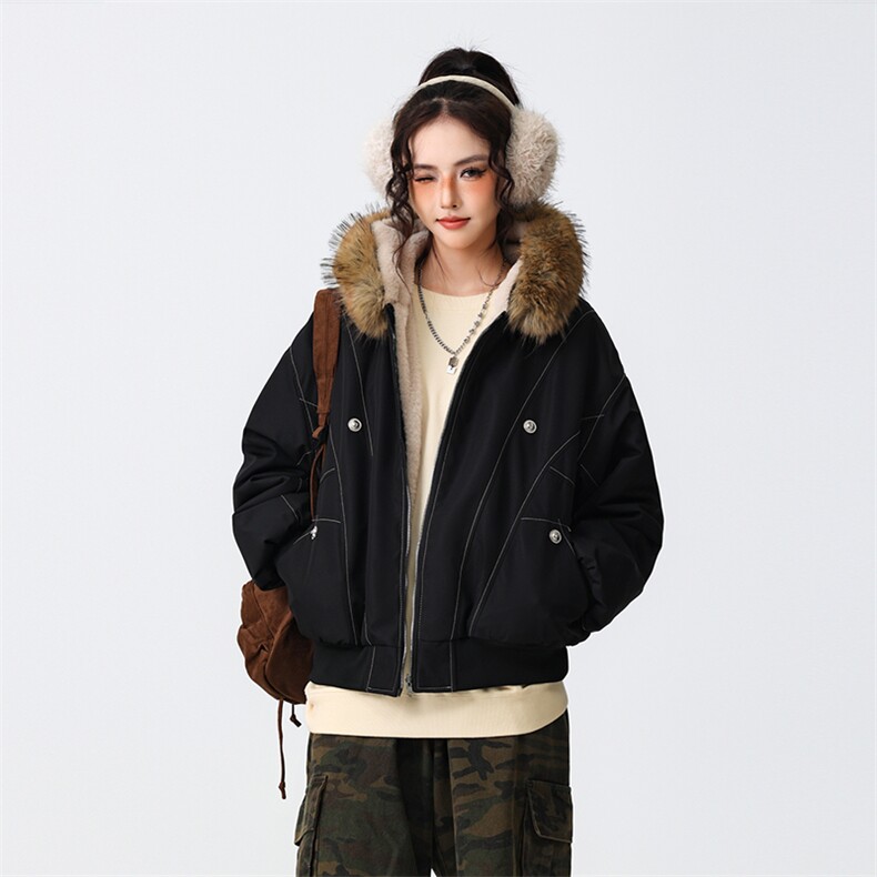 现货重磅boxy短款棉衣座山雕大毛毛领男女棉服水洗工装厚外套，男装棉衣，电商A486