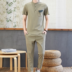 中国风亚麻套装男复古潮牌短袖t恤佛系棉麻衣服夏季新款TZ65-P45，男装T恤，星座509