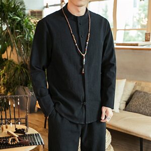 2021春秋季新款男装风盘扣男士衬衣大码棉麻衬衫 C02模特图图片