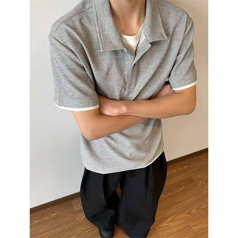 华夫格短袖polo衫男夏季薄款大码宽松翻领t恤设计感假两件上衣潮图片