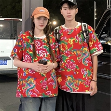 HT203夏情侣东北大花民族风牡丹花圆领短袖T恤青少年大码男女潮，男装T恤，星座115A(原星座507）