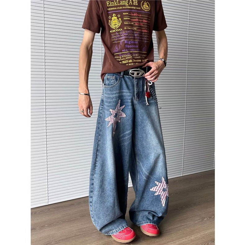 美式复古弯刀贴布牛仔裤男女2025夏新款宽松阔腿拖地裤N07853-P55,男装牛仔裤,星座308B-1
