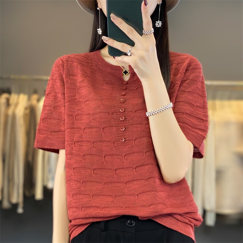 23夏季薄款竹节麻V领针织短袖女百搭纯色套头T恤宽松显瘦半袖上衣，女装针织衫/毛衣，大美人包芯纱店