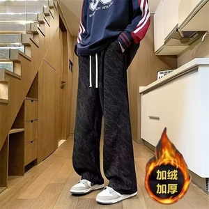 秋冬季灯芯绒直筒休闲裤男日系复古宽松百搭松紧腰垂感拖地长裤图片