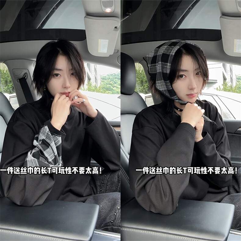 格子领巾长袖T恤秋季5QZ4079-TP25不美式方巾宽松大码上衣女,男装T恤,电商A102