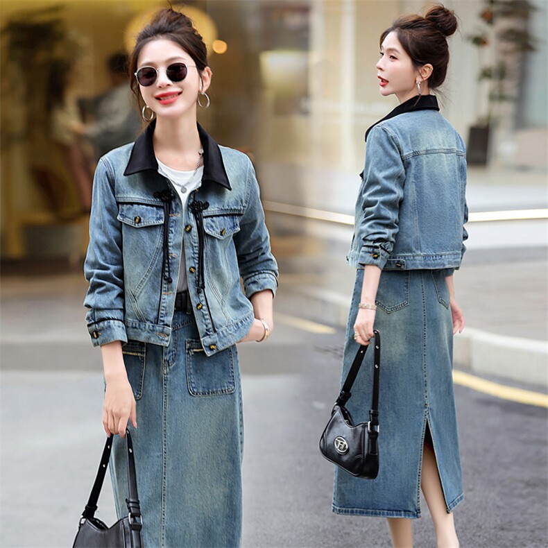 2024新款春装单排扣翻领减龄复古扣显瘦牛仔外套上衣，女装牛仔外套，江南富贵女