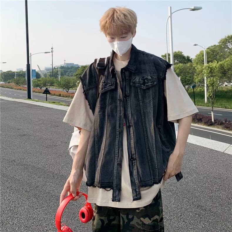 牛仔马甲男2024新款潮牌破洞拉链机车夹克坎肩无袖背心外套，男装背心/马甲，星座716-2