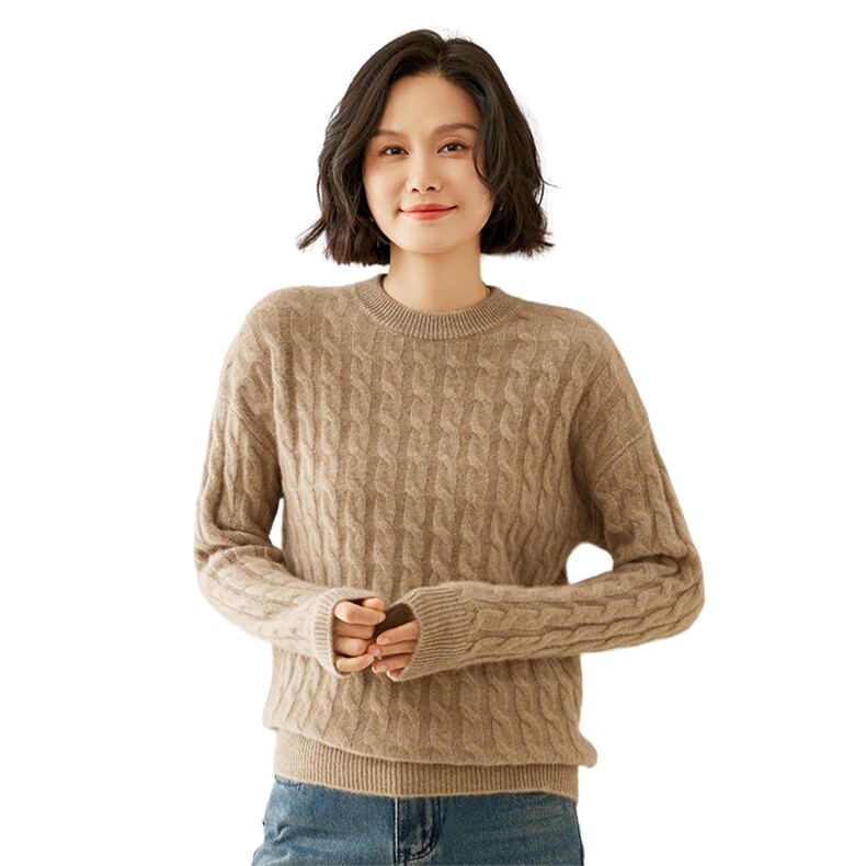 2024秋季新款扭花圆领长袖短款套头衫休闲百搭35%羊绒衫,女装羊绒衫,蚂蚁派对工厂直营店
