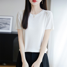 夏季新款桑蚕丝针织短袖T恤女莱赛尔天丝纯色上衣宽松打底衫半袖，女装针织衫/毛衣，朝思羊绒