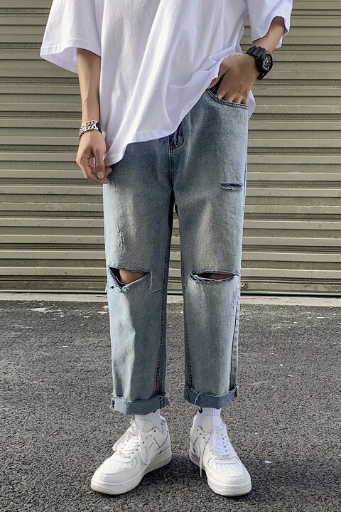 kz11韩版夏天休闲破洞牛仔九分裤男宽松潮流阔腿牛仔裤F64,男装牛仔裤,星座1008