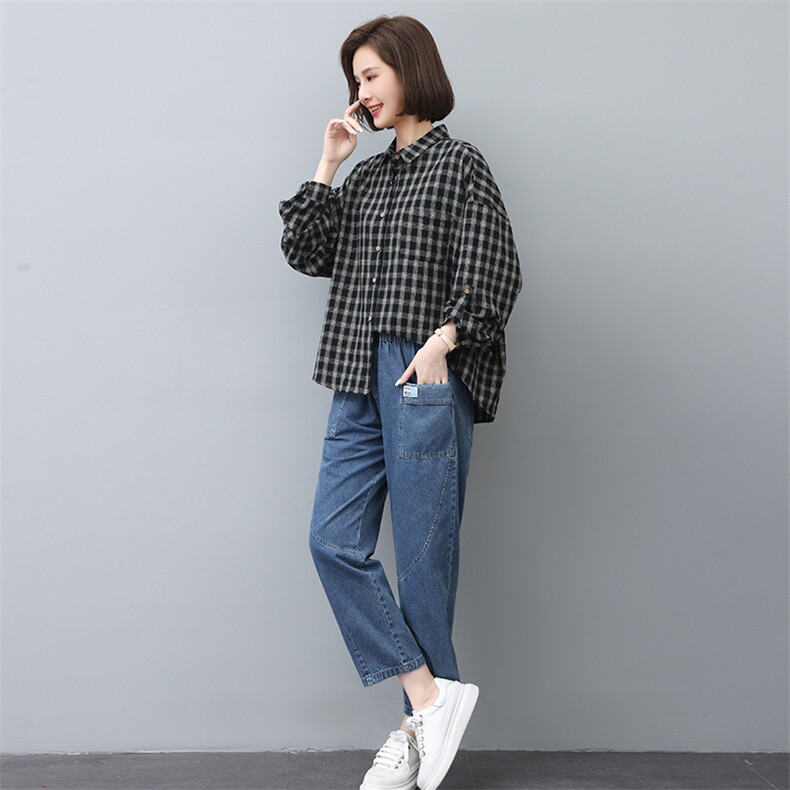 时尚格子长袖衬衫女宽松显瘦百搭上衣外套,女装衬衫,叶笙衣
