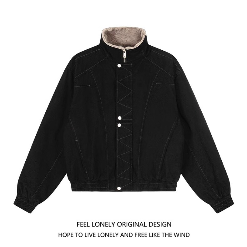 解构缉明线立领工装夹克秋冬加绒加厚廓形宽松棉服女B138-p110，男装夹克，星座910-1