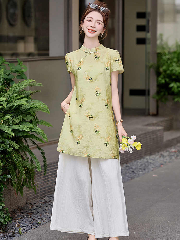 民族风欧根纱连衣裙女夏2025新款绣花复古旗袍套装裤宽松两件套,女装套装/套裙,芷墨服饰