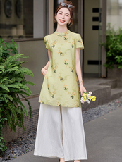 民族风欧根纱连衣裙女夏2025新款绣花复古旗袍套装裤宽松两件套，女装套装/套裙，芷墨服饰