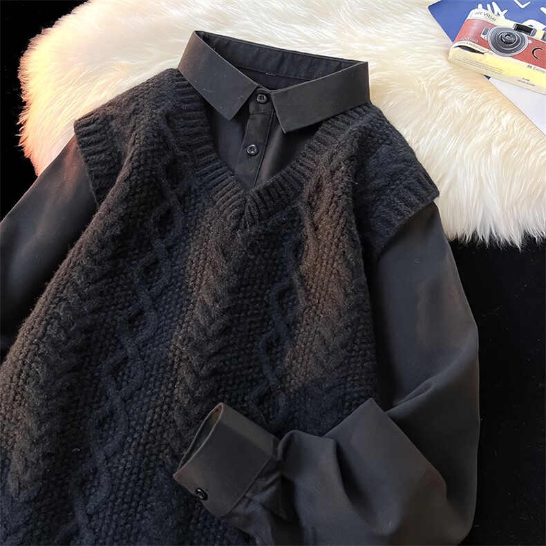 主推款男士假两件衬衫领新款刺绣针织打底衫CS38-P68，男装T恤，电商B278